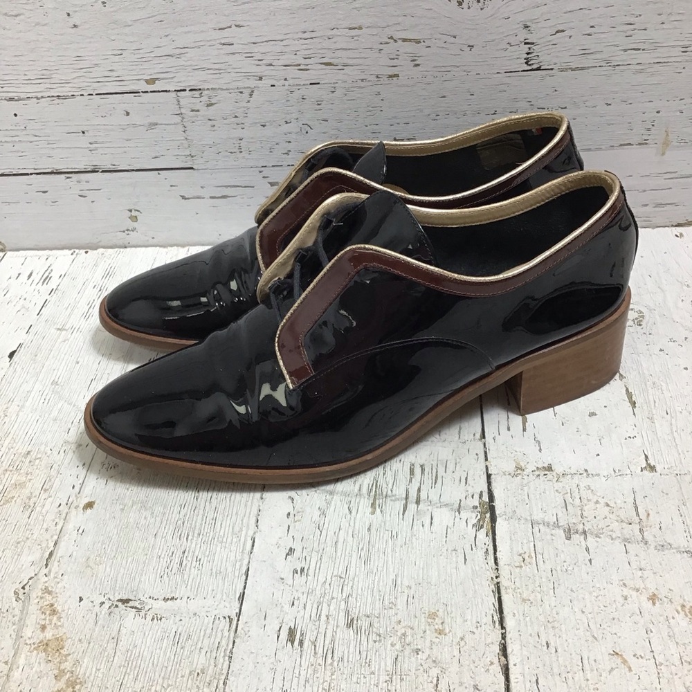 BOCAGE Women's Black Patent Leather Oxford Lace Up Shoes Size 40 Made in France​